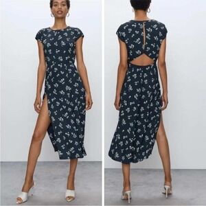 Babaton Hamptons Dress 2 Navy Floral Open Back Cutout Midi Dress